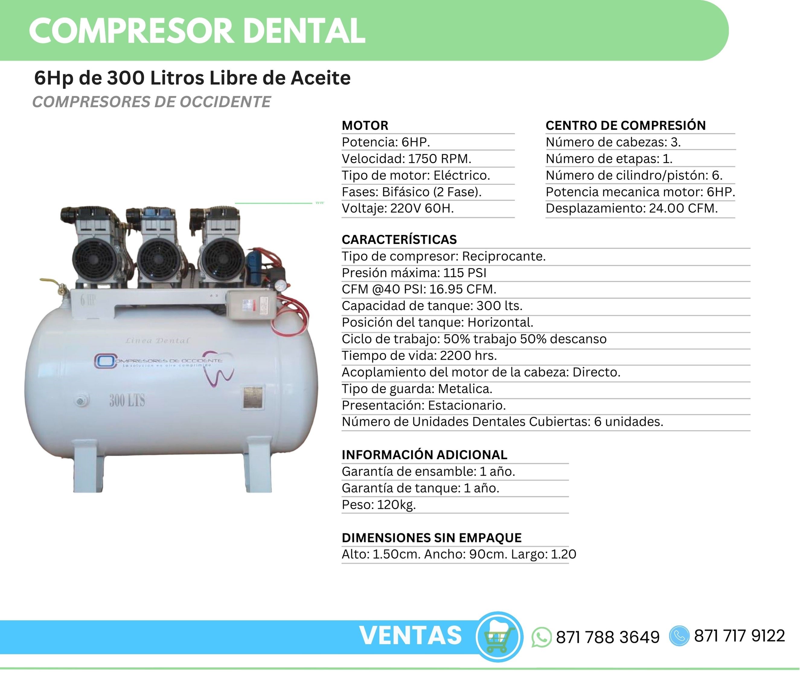 Compresor Dental 6Hp 300 Litros Libre de Aceite Compresores de Occidente Orthosign